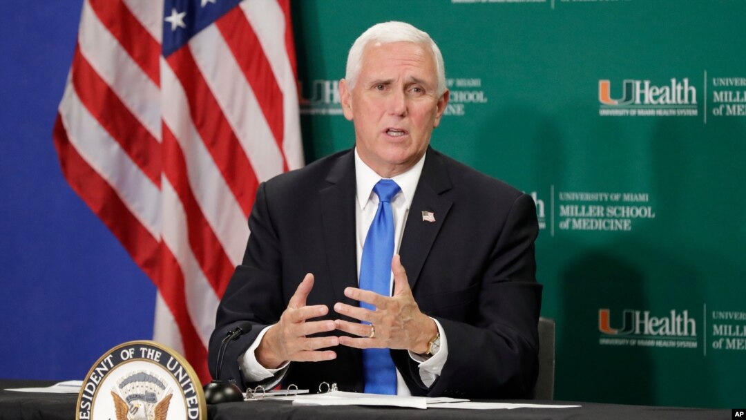 Vice President Mike Pence speaks as he participates in a roundtable discussion at the University of Miami Miller School of Medicine
Don Soffer Clinical Research Center, July 27, 2020, in Miami.