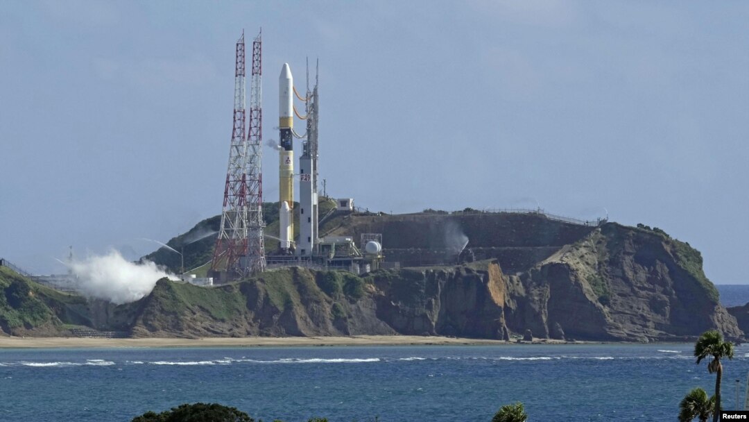 H2-A launch vehicle number 47 is seen on the launching pad at Tanegashima Space Center on the southwestern island of Tanegashima, Japan in this photo taken by Kyodo on Aug. 28, 2023. Kyodo/via REUTERS 