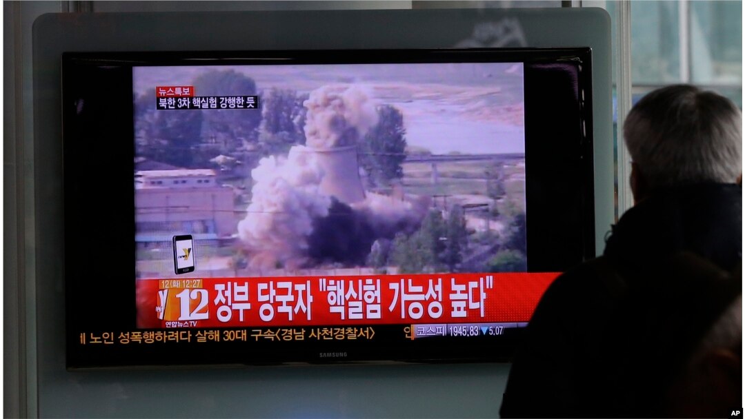 FILE - The TV news shows footage of North Korea's nuclear test on Feb. 12, 2013.