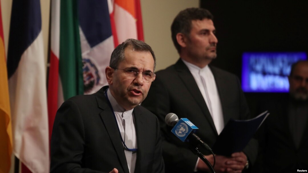 FILE - Iranian Ambassador to the United Nations Majid Takht Ravanchi speaks to the media outside Security Council chambers at the U.N. headquarters in New York, June 24, 2019. 