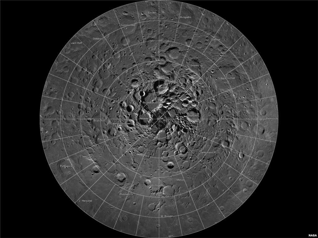 Scientists, using cameras aboard NASA's Lunar Reconnaissance Orbiter (LRO), have created the largest high resolution mosaic of our moon’s north polar region. The six-and-a-half feet (two-meters)-per-pixel images cover an area equal to more than one-quarter of the United States. (Image Credit: NASA/GSFC/Arizona State University)